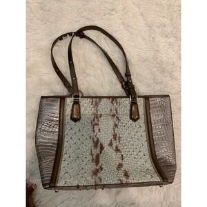 Brahmin Medium Asher Tote M Bronze Silver Blue Excellent Croc Snake Leather Zip